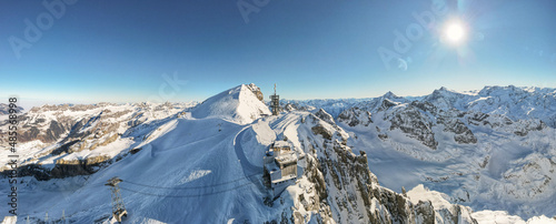 Drone view at mount Titlis over Engelberg in the Swiss alps