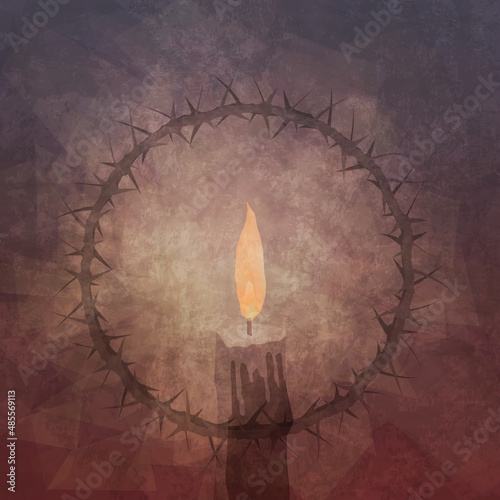 A burning candle and crown of thorns symbolizing the Service of Shadows during Holy Week. In vintage style with dark hues of purple and red.