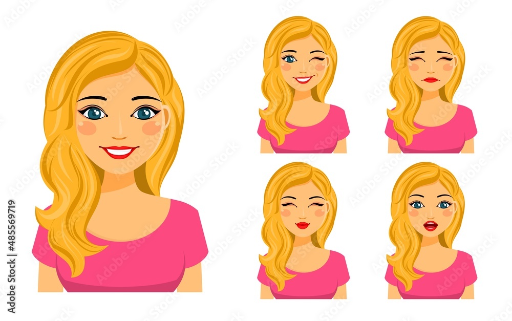 Young cute girl shows different emotions. Flirting, kissing, sad, surprised, winking. Flat style on white background. Cartoon. Young cute girl shows different emotions. Flirting, kissing, sad, surprised, winking. Flat style on white background. Cartoon.