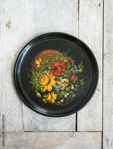 Old Russian enameled metal tray with handpainted flower pattern