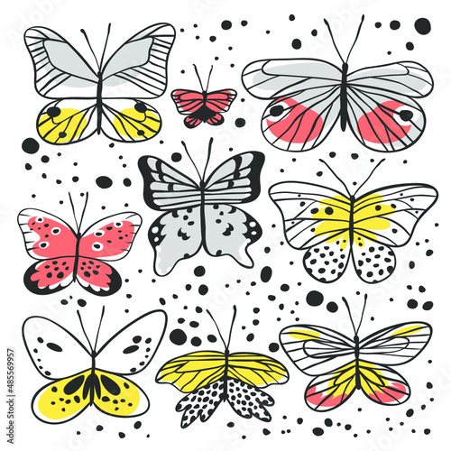 Set of butterfly. Hand drawn vector illustration. Decorative elements for design. Black contour drawing. Creative ink art work