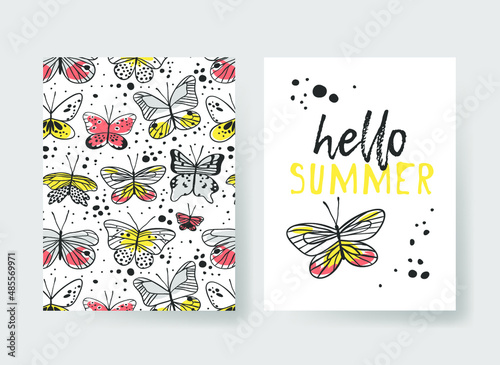 Set of templates for summer cards. Hand drawn vector patterns brochures with butterfly