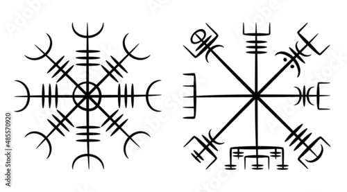 Icelandic magical staves Helm of Awe and Vegvísir mythology symbols photo