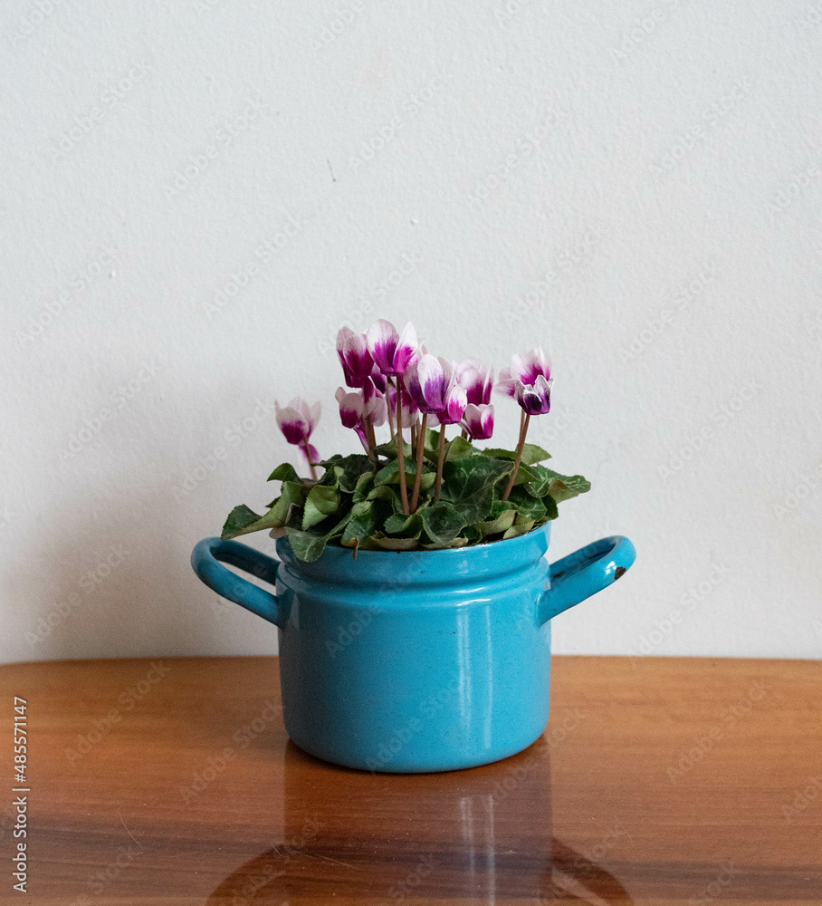 Vintage blue enameled metal pot with flowers on wooden table