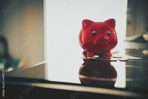 Red pig piggy bank stands on money (euro), bright light from the window