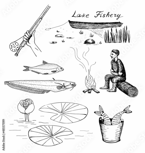 Fisherman, fish, boat, lake. Hand drawn vector image.