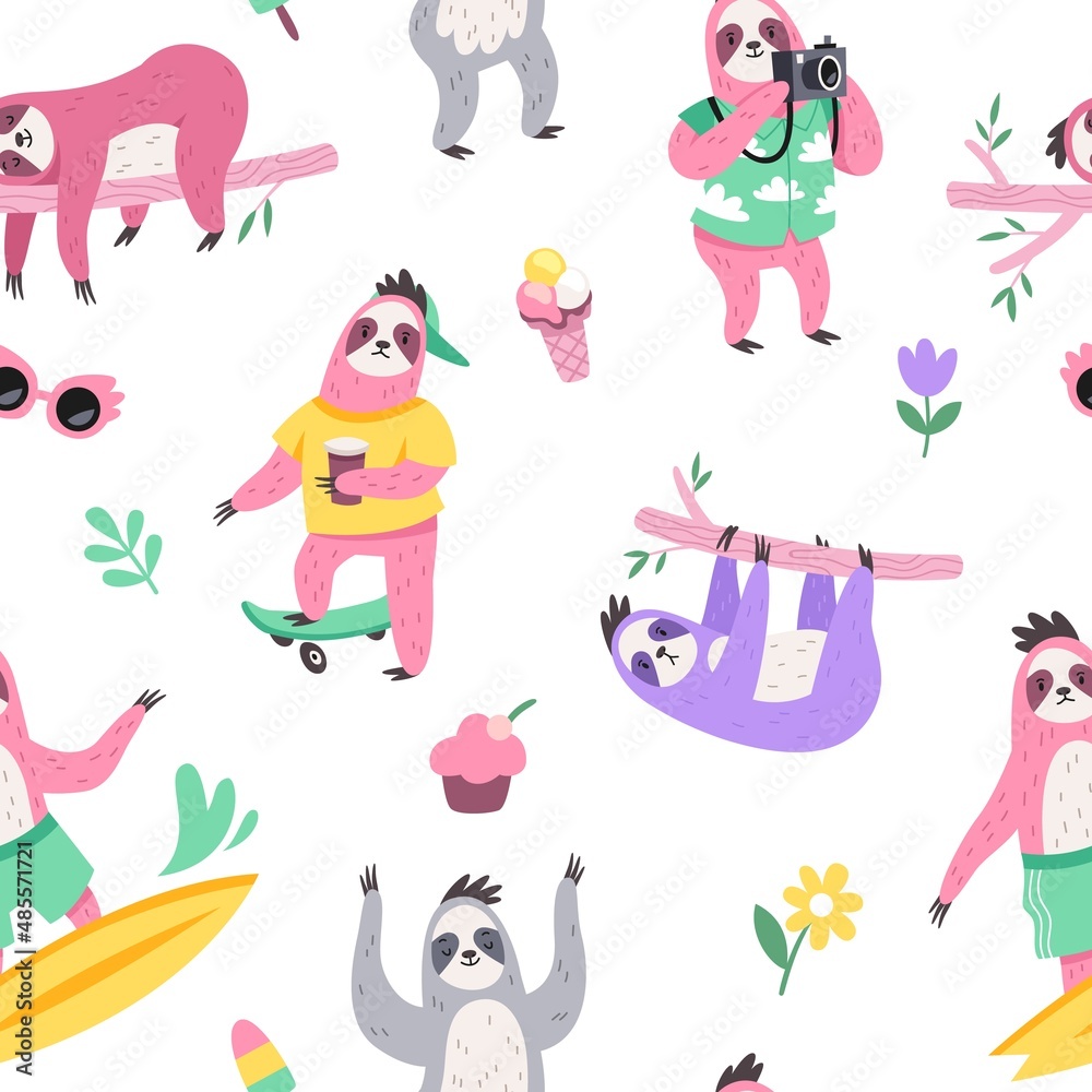 Fototapeta premium Cute sloth seamless pattern. Cartoon animals characters, different activities, poses and sweets, lazy slow creatures isolated on white background. Decor textile, wallpaper, vector print