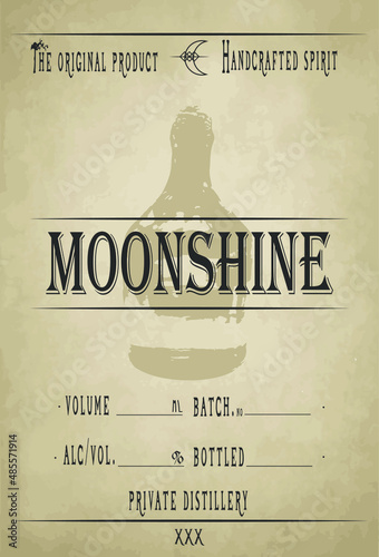 Moonshine label vector image with ethnic elements. Handcrafted alcohol stiker. Custom moonshine labels on the old sheet. Homemade alcohol vector image