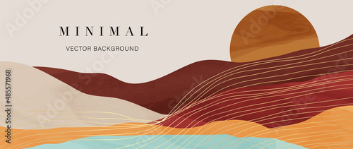 Landscape background with golden line wave pattern vector. Abstract Mountain and sun with watercolor texture banner. Design for wallpaper, prints, wall art.