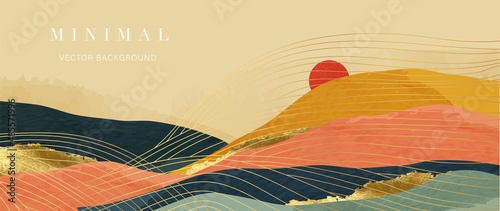 Landscape background with golden line wave pattern vector. Abstract Mountain and sun with watercolor texture banner. Design for wallpaper, prints, wall art.