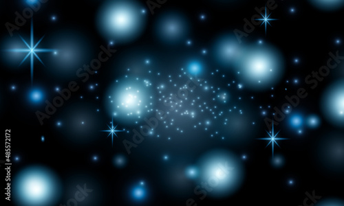 Abstract magical background with sparks and stars. Blue particles and glowing lights. Sparkling glittering effect on black.