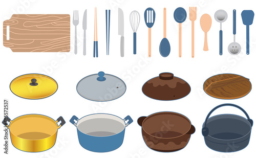 鍋と調理道具のイラストセット