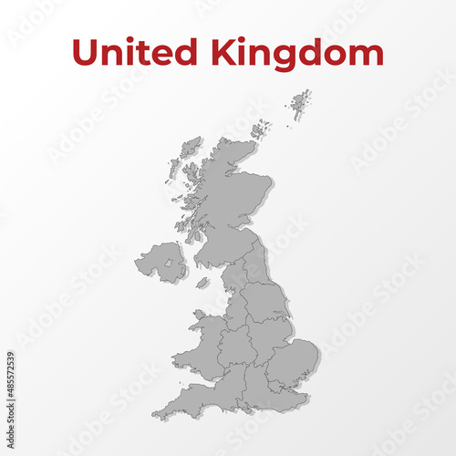 A modern map of the United Kingdom  UK  with a division into regions  on a gray background with a red title.