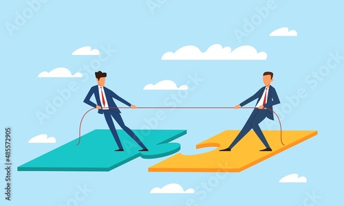 Merger, people cooperation and collaboration. Businessmen connect huge puzzles, plays play tug of war game. Support and unity. Vector cartoon flat isolated teamwork business concept