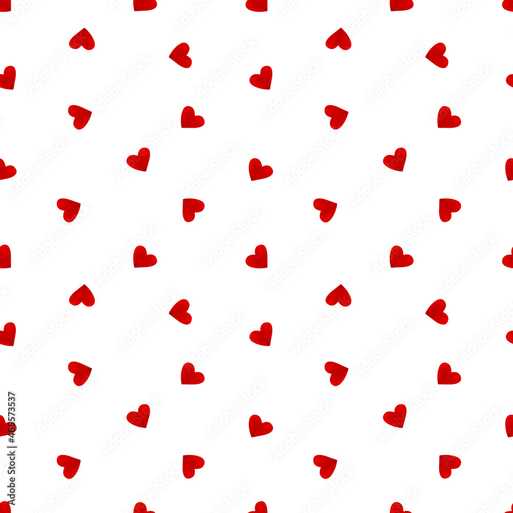 Small red hearts on a white background. Watercolor. Seamless pattern. For decoration for a holiday. Valentine's day, birthday, wedding.