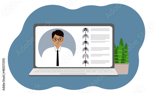 Online webinar or online training. Laptop with the image of online communication of men and women. Vector