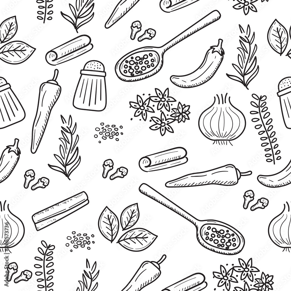 Set of herb and spices doodle illustration. Herb and spices doodle seamless pattern