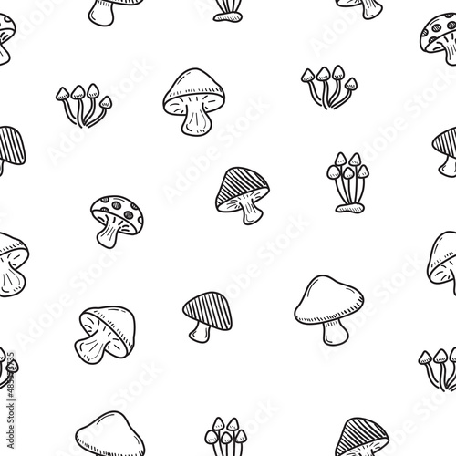 Mushroom doodle seamless pattern with black and white color. Set of cute mushroom doodle illustration