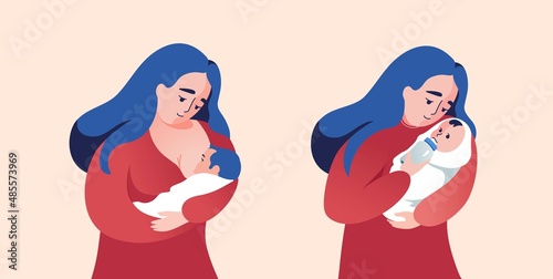Vector illustration of happy smiling young woman mother feeding her baby with breast milk and feeding bottle. Mother feeding baby.
