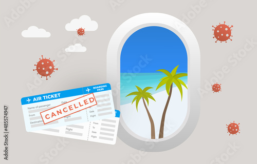 Coronavirus Flight Cancellation concept. Air ticket cancellation and stopping vacation, traveling around the world. Covid-19 coronavirus quarantine travel concept illustration