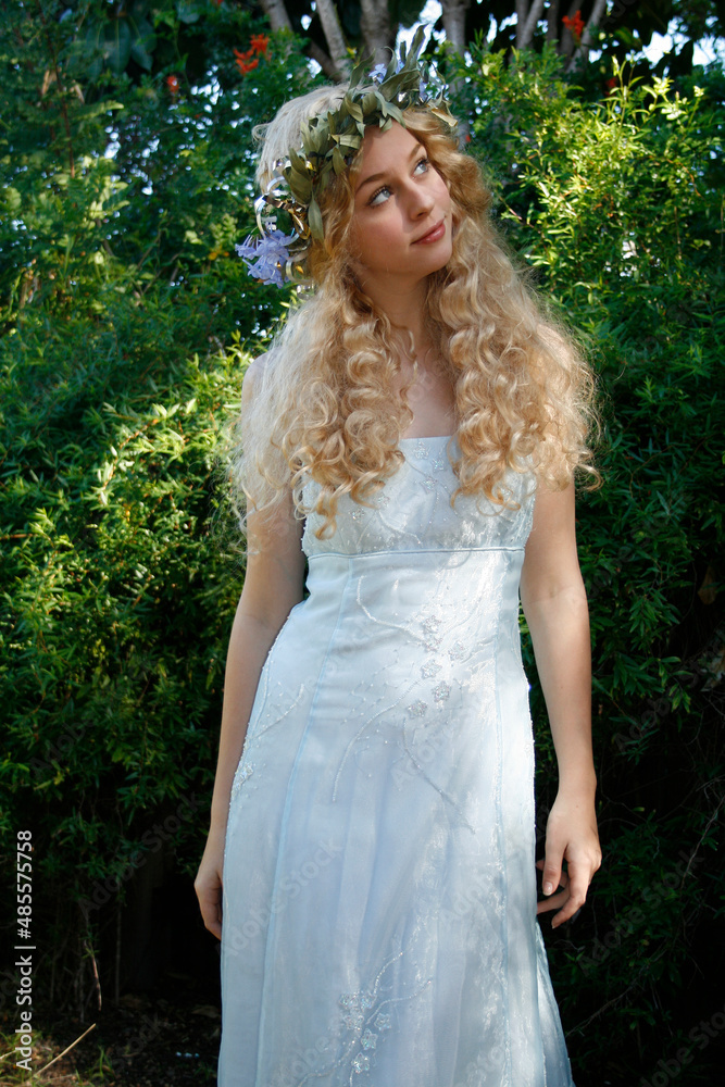 portrait of blonde model wearing beautiful fantasy gown nada crown. portrait of blonde model wearing beautiful fantasy gown nada crown.
