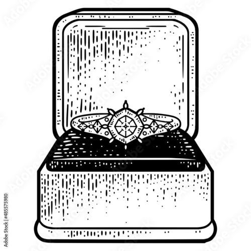 Vector engagement ring with clear diamond jewelry box close up isolated on white background. Line art sketch picture. Hand drawn.