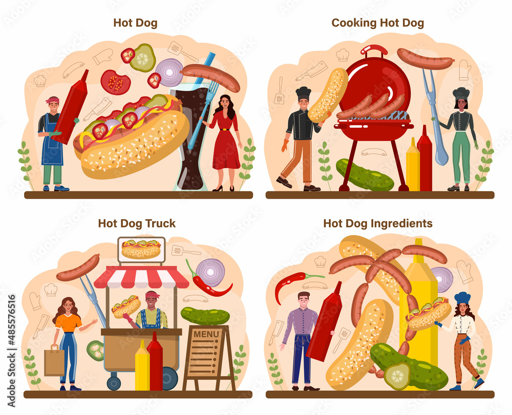 Fototapeta premium Hot dog set. Unhealthy fast food cooking, american snack with ketchup,