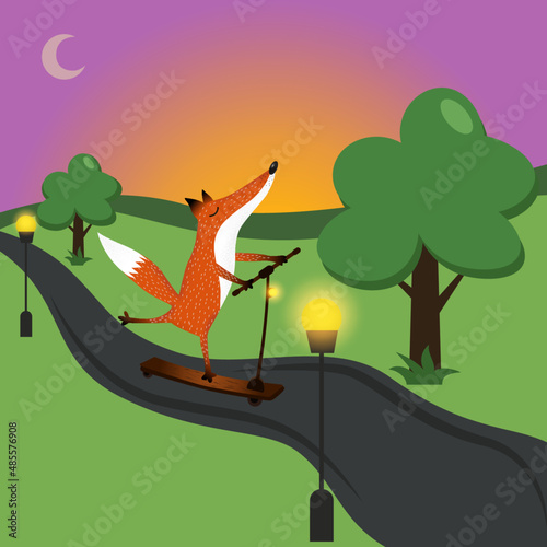 fox rides a scooter in the park
