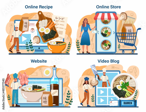 Ramen noodles online service or platform set. Traditional Japanese food