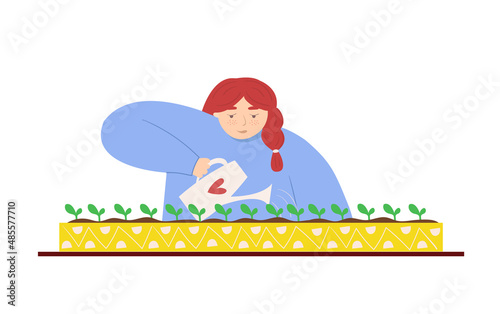 Young woman watering plants. Home gardening vector illustration. Sprouts growing 