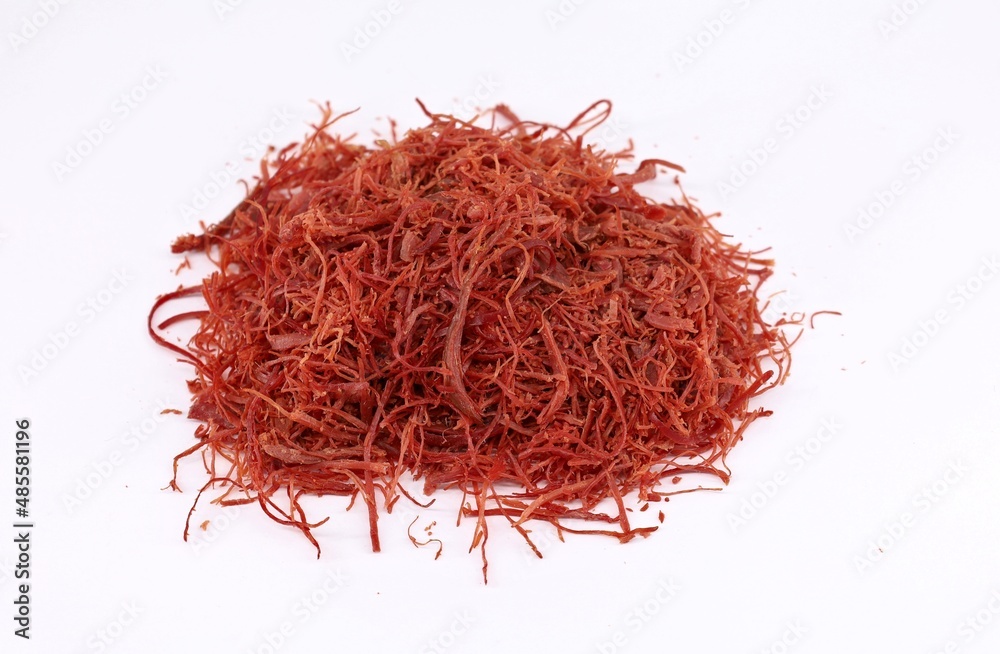 Fototapeta premium Sfilacci, thin filaments of frayed and dried horse meat, on white background. They are a food specialty of the north east of Italy.