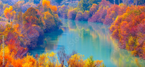 Beautiful autumn landscape with colorful majestic Goksu river in national park with autumn forest - Mersin, Turkey
