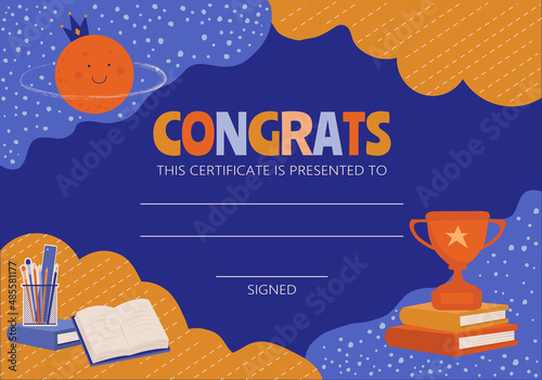  The colorful kid's diploma is in a hand-drawn design. The vector certificate for preschool, school, or play studio. 