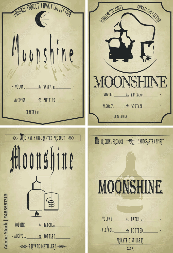 Moonshine label vector. Homemade old moonshine stikers. Custom moonshine labels. Vodka bottle template on the old sheet. Handcrafted spirit stikers. - obrazy, fototapety, plakaty 
