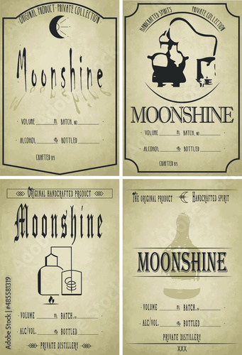 Moonshine label vector. Homemade old moonshine stikers. Custom moonshine labels. Vodka bottle template on the old sheet. Handcrafted spirit stikers. photo