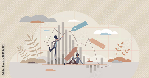 Shares trading process with financial stock market chart tiny person concept. Global trade exchange business with forecasting strategy, risks and wealth opportunity for brokers vector illustration.