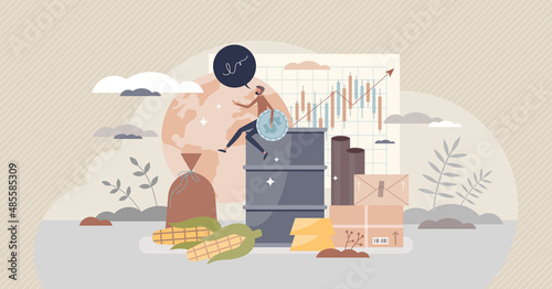 Commodities trading market as sell primary raw materials tiny person concept. Economic sector investment in goods such as gold, corn, wheat, oil barrels or gas for financial profit vector illustration