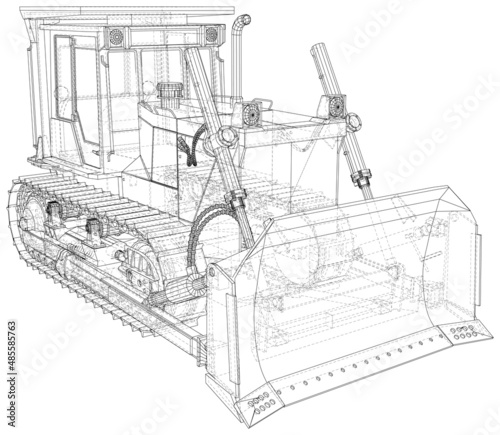 Bulldozer. Tractor drawn with wireframe lines on a white background.