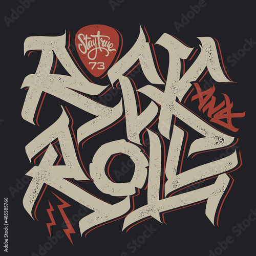 Rock and Roll sign. Slogan graphic for t shirt. Poster with plectrum.