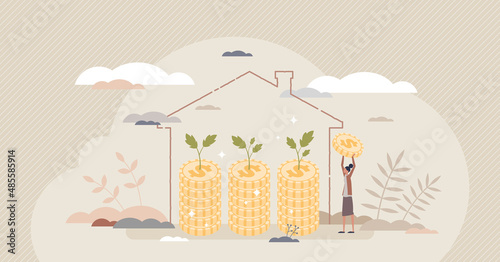 Property investing and real estate house assets growth tiny person concept. Wealth development with rental home management and investment in future vector illustration. Residence business profit.
