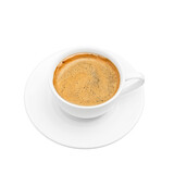 Black coffee with foam in a white cup on plate, isolated at white background