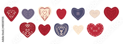 Vector set of hand drawn hearts. For Valentine or wedding greeting cards invitations, template for banner or email newsletter, decoration design and print, labels, tags or stamps, badges and stickers