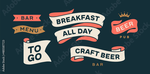 Vintage graphic set. Ribbon, flag, arrow, board with text Bar, Menu, Beer, To GO, Craft Beer. Set of ribbon banner and retro graphic. Isolated vintage old school set shapes. Vector Illustration