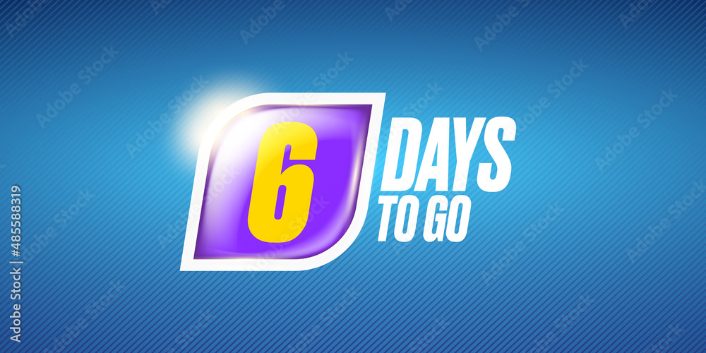 Six days to go countdown horizontal blue banner design template. 6 days to go sale announcement blue modern shiny banner, label, sticker, icon, poster and flyer. Six days to go countdown horizontal blue banner design template. 6 days to go sale announcement blue modern shiny banner, label, sticker, icon, poster and flyer.