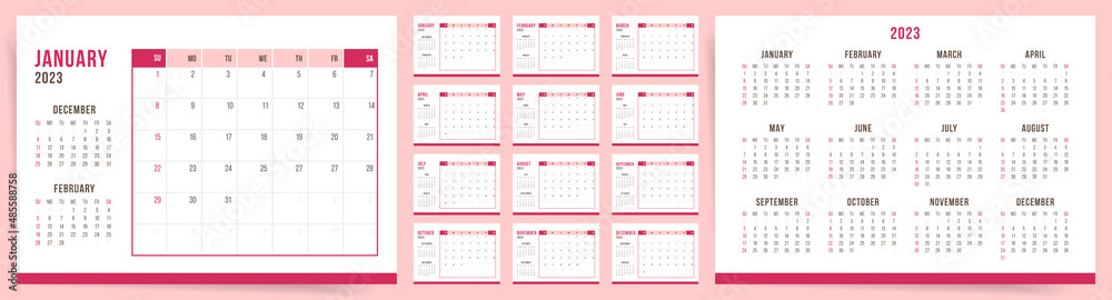 2023 Calendar template design. Week starts on Sunday pink office calendar for businesswoman. Desktop planner in simple clean style. Corporate or business calendar. English vector calendar layout.	