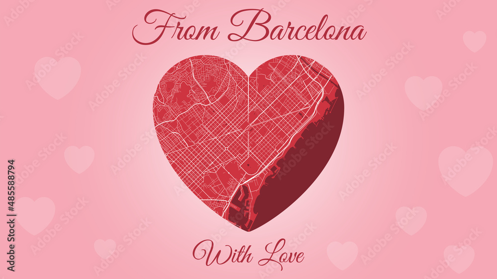 Happy Valentine's day horizontal holiday card with Barcelona map in heart shape. Romantic city travel cityscape. Pink and red color vector illustration. Happy Valentine's day horizontal holiday card with Barcelona map in heart shape. Romantic city travel cityscape. Pink and red color vector illustration.