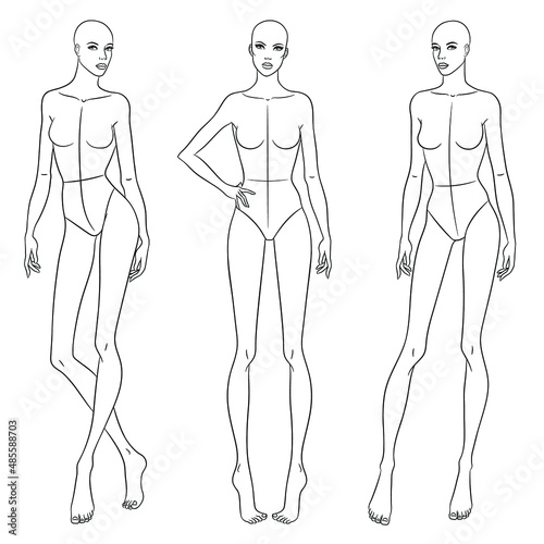 Fashion models posing. Nine head fashion figure templates. Beautiful slim women sketch, vector illustration.