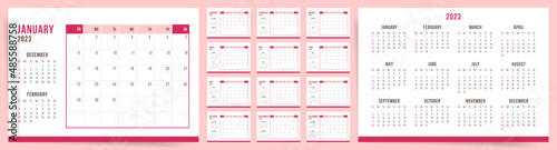 2023 Calendar template design. Week starts on Sunday pink office calendar for businesswoman. Desktop planner in simple clean style. Corporate or business calendar. English vector calendar layout.	