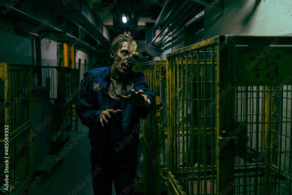 Front view shot of gory zombie reaching out to camera while walking in dark industrial hallway, copy space