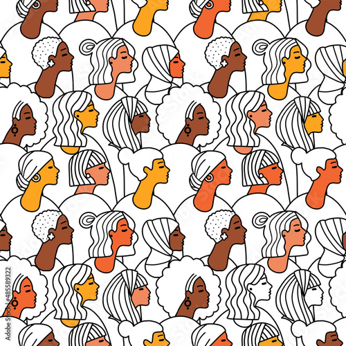 Hand drawn female face in profile seamless pattern. Trendy woman face texture with abstract line shapes, minimal girl face woth different color of the skin. Vector stylized design background